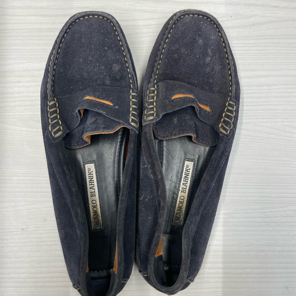 Well loved suede Manila Blahnik loafers